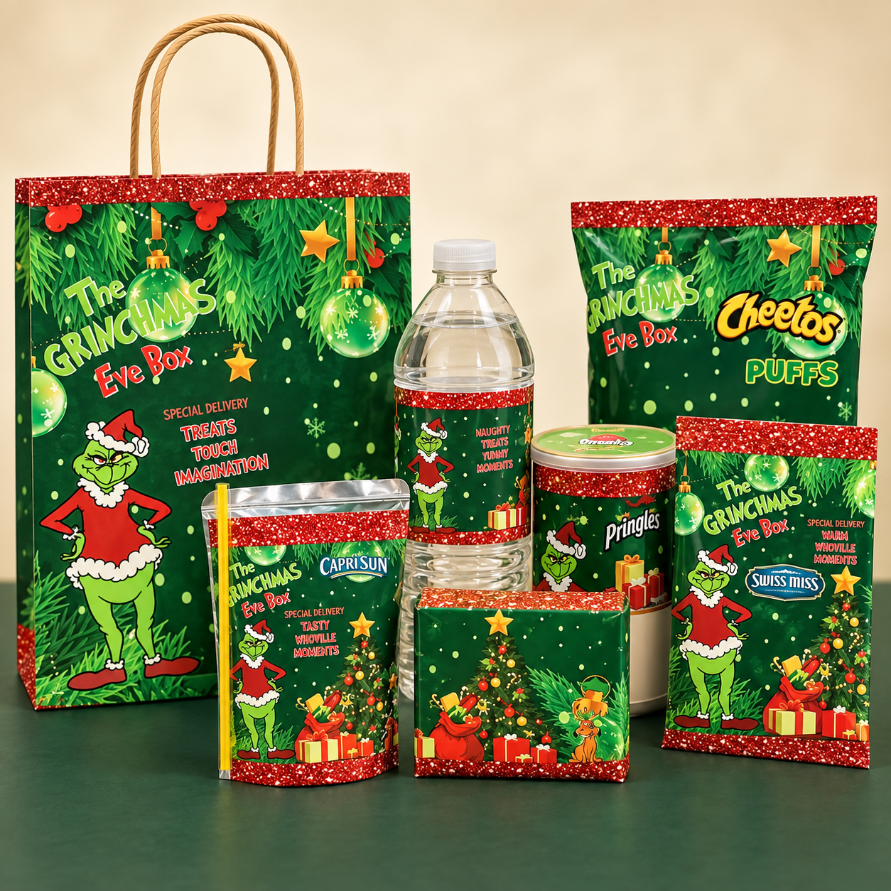 Green Christmas Eve personalized snack gift set