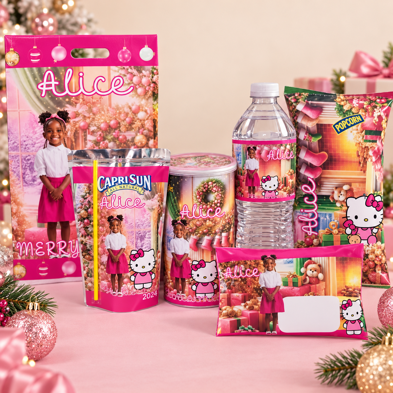 Personalized pink holiday snack gift set featuring Alice's name and photo